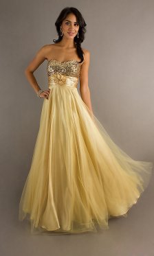 Chic Floral Accent Waist Gold Long Sequin Prom Dress